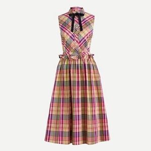 J Crew Plaid Multicolor Sleeveless Full Skirt Button Shirtdress Bow Tie Collar